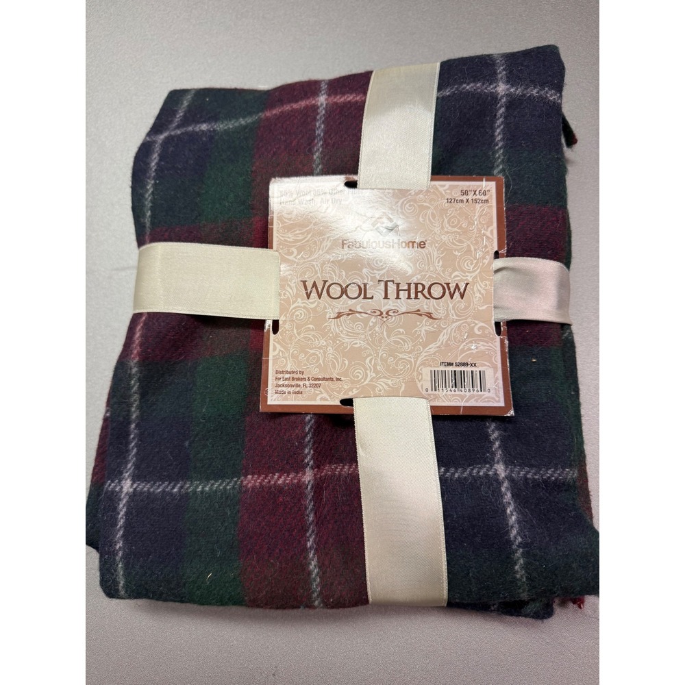 FabulousHome Wool Blend Throw Blanket Plaid Green Burgundy Navy 50x60 52889-XX